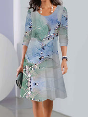 Flower Print Multi-Colored Printed Long Sleeves Round-neck Midi Dresses