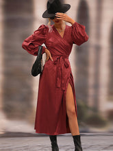 Vacation Puff Sleeves Lace-Up Solid Dress