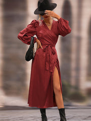 Vacation Puff Sleeves Lace-Up Solid Dress