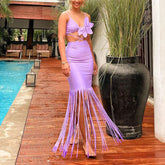 3D Flower Purple Tassel Bikini Swimsuit and Skirt