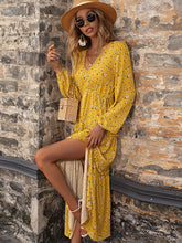 Vacation Puff Sleeves Floral Printed V-Neck Dress