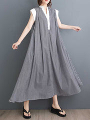 Buttoned Striped Cap Sleeve Loose Lapel Shirt Dress Maxi Dresses