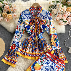 Tie Neck Retro Printed Long Sleeve Shirt and Pants Set Flaxmaker