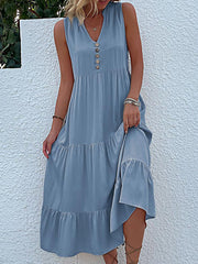 Pleated Split-Joint Loose Sleeveless V-Neck Midi Dresses