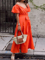 Split-Front Puff Sleeves Maxi Dress