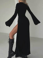 Asymmetric Solid Color Split-Joint Split-Side Long Sleeves Loose Round-Neck Maxi Dresses