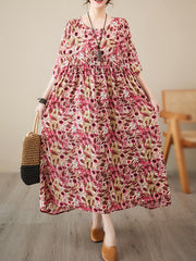 Batwing Sleeves Loose Pleated Split-Joint Round-Neck Midi Dresses