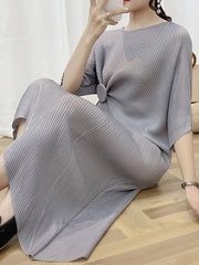 Pleated Solid Color Half Sleeves Irregular Clipping Round-Neck Midi Dresses