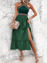 Embroidered Pleated Split-Joint Split-Side A-Line High Waisted Halter-Neck Midi Dresses