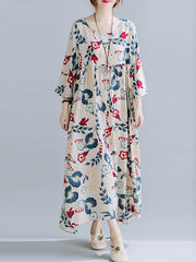 Casual Floral Printed Split-Joint Round-Neck Flared Batwing Sleeves Loose Maxi Dress