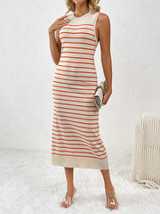 Striped Loose Sleeveless Round-Neck Midi Dresses Knit Dresses