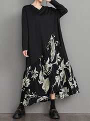 Asymmetric Flower Print Split-Joint A-Line High-Low V-Neck Midi Dresses