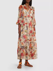 Flower Printed Three-Quarter Sleeves Elegant Maxi Dresses