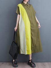 Multi-Colored Loose Short Sleeves Polo Midi Dresses