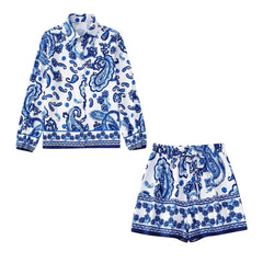 Flaxmaker Fashion Casual Blue and White Porcelain Prined Two Piece Set