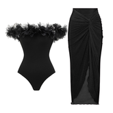 Off Shoulder Black One Piece Swimsuit and Sarong Flaxmaker