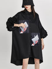 Loose High-Low Irregular Applique Shirt Dress Midi Dress
