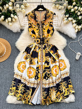 Belt Buckle Buttoned Contrast Color Floral Printed Sleeveless Midi Dresses