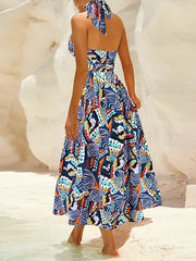 Pleated Printed Split-Joint A-Line Loose Halter-Neck Midi Dresses