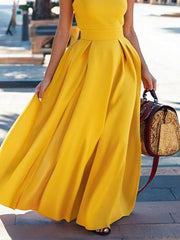 Pleated Solid Color Split-Joint A-Line Loose Round-Neck Maxi Dresses