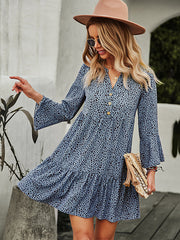 V-Neck Polka Dot Long Flare Sleeves Mini Dress