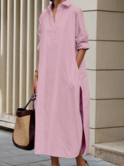 A-Line Long Sleeves Buttoned Pockets Solid Color Split-Side Lapel Midi Shirt Dresses