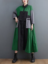 Vintage Loose Long Sleeves Contrast Color Polo Midi Dresses