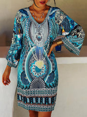 Printed Split-Joint A-Line Flared Sleeves V-Neck Mini Dresses