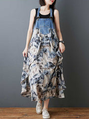 Flower Print Pockets Split-Joint Loose Plus Size Spaghetti-Neck Suspender Dress Maxi Dresses