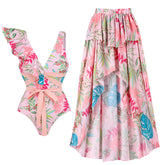One Shoulder Ruffle Floral Print One Piece Swimsuit and Skirt Flaxmaker