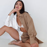 Color Block Long Sleeve Cotton Linen Shirt and Shorts