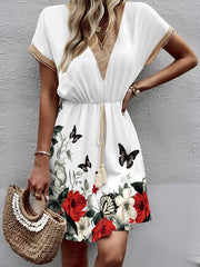 Butterfly Print Elasticity Hollow Split-Joint Tasseled Tied Waist A-line Loose V-neck Mini Dresses