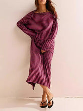 Contrast Color No Belt Split-Joint Striped Long Sleeves Loose Round-Neck Maxi Dresses