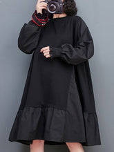 Pleated Solid Color Split-Joint Loose Puff Sleeves Round-neck Midi Dresses