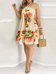 Contrast Color Leaf Printed Loose Sleeveless Halter-Neck Mini Dresses