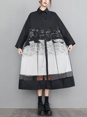 Buttoned Gauze Printed Split-Joint A-Line Long Sleeves Lapel Midi Dresses