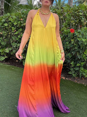 Backless Contrast Color Pleated Split-Joint Tied Loose Sleeveless Spaghetti-Neck Maxi Dresses