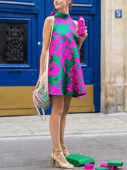 Contrast Color Flower Print A-line Loose Stand Collar Mini Dresses