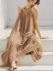 A-Line Loose Pleated Solid Color Split-Joint Round-Neck Midi Dresses Slip Dress