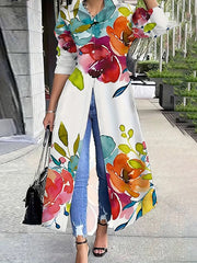 Long Sleeves Loose Buttoned Flower Print Lapel Maxi Dresses Shirt Dress