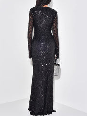 Long Sleeve Deep V Neck Fitted Sequin Maxi Dress