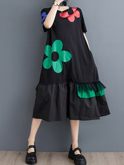 Floral Printed Split-Joint Loose Short Sleeves Round-neck Midi Dresses