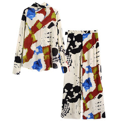 Flaxmaker Printed Shirt and Bowknot Belt Pants