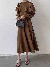 Ruffle Trim Solid Color Tied Waist A-Line Long Sleeves Mock Neck Midi Dresses