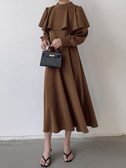 Ruffle Trim Solid Color Tied Waist A-Line Long Sleeves Mock Neck Midi Dresses