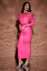 Off Shoulder Ostrich feather Long-sleeved Dress