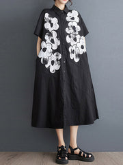 Asymmetric Buttoned Flower Print A-Line Loose Lapel Shirt Dress Midi Dresses