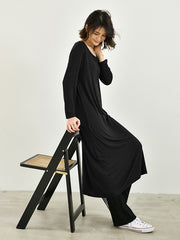Simple Long Sleeves Loose Solid Color Round-Neck Midi Dresses