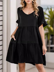 Pleated Pockets Ruffled Solid Color Split-Joint A-Line Flared Sleeves Round-Neck Mini Dresses