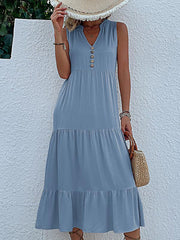 Pleated Split-Joint Loose Sleeveless V-Neck Midi Dresses